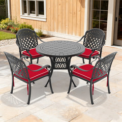5-Piece Set Of Cast Aluminum Patio Furniture With Black Frame and Red Seat Cushions