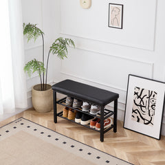 Small Shoe Bench, 3-Tier Shoe Rack, Shoe Storage Bench with PU Seat Cushion, Entryway Shoe Rack Bench with Metal Mesh Shelves, Freestanding Shoe Organizer for Hallway