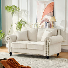 63" Modern 2-Seater Sofa with Rolled Arms,Chenille Upholstered Couch with Wood Legs and Nailhead Trim for Living Room, Apartment,Beige
