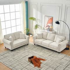 Modern 3+2 Seater Sofa with Rolled Arms,Chenille Upholstered Couch with Wood Legs and Nailhead Trim for Living Room, Apartment,Beige