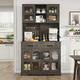 Pantry Cabinet for Living Room, 71" Farmhouse Wooden Microwave Stand Hutch with Storage, Charging Station and Wine Racks, Oak Gray