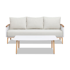 Calarono 2pc Teak & Aluminium Outdoor Sofa and Coffee Table Patio Set Sand Dune Chenille