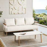 Calarono 2pc Teak & Aluminium Outdoor Sofa and Coffee Table Patio Set Sand Dune Chenille