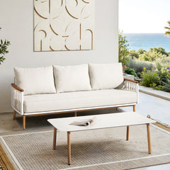 Calarono 2pc Teak & Aluminium Outdoor Sofa and Coffee Table Patio Set Sand Dune Chenille