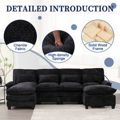UNITED WE WIN 106" U Shape Sectional Sofa Cloud Couch for Living Room, Upholstery Comfy Modular Sofas, 4 Seat Chenille U-Shaped Sleeper Sofa with Chaise Lounge, Ottoman & Pillows