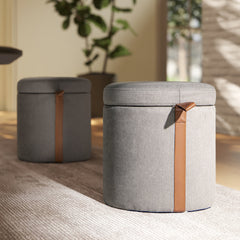 Brandy 14" Round Upholstered Storage Ottoman with Leather Accent, Uptown Gray