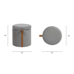 Brandy 14" Round Upholstered Storage Ottoman with Leather Accent, Uptown Gray