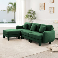 Boucle Fabric Convertible L Shape Sectional 3-seater Sofa Couch With Distinctive Shell-shaped Armrests And Removable Ottoman,Cylindrical Legs Wrapped with Self-fabric,Green Color