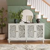 60" Antique Buffet Cabinet with Floral Carvings with Solid Wood Legs&Antique Brass Handles&Adjustable Shelves, TV Stand for 65''+ TV, Sideboard for Living Room,Dining Room (Antique Grey White)