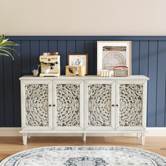 60" Antique Buffet Cabinet with Floral Carvings with Solid Wood Legs&Antique Brass Handles&Adjustable Shelves, TV Stand for 65''+ TV, Sideboard for Living Room,Dining Room (Antique Grey White)
