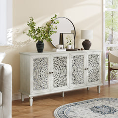 60" Antique Buffet Cabinet with Floral Carvings with Solid Wood Legs&Antique Brass Handles&Adjustable Shelves, TV Stand for 65''+ TV, Sideboard for Living Room,Dining Room (Antique Grey White)