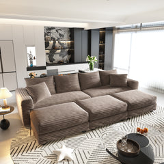 102.4 "Plush Corduroy 4-Seat Sofa,Modern Comfy Upholstered Sofa Cloud Couch,Deep Seat Couches with Soft Pillows and 3 Ottomans,Convertible Sofa Lounge Chair,Camel