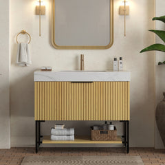 YOLAN 36" Bathroom Vanity&Sink, Freestanding Striped Plywood Storage Cabinet with Drawer & Open Shelf, Carrara White Sintered Stone Top & Undermount Ceramic Basin, Pre-assembled, Corolla Oak Woodgrain