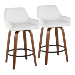 Daniella 26" Contemporary Fixed-Height Counter Stool with Swivel in Walnut Wood and White Faux Leather with Round Black Metal Footrest by LumiSource - Set of 2