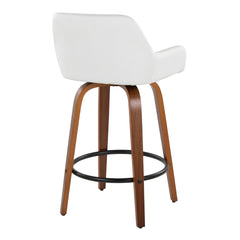 Daniella 26" Contemporary Fixed-Height Counter Stool with Swivel in Walnut Wood and White Faux Leather with Round Black Metal Footrest by LumiSource - Set of 2