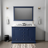 Navy Blue Double Bath Vanity 48 in. W x 22 in. D, Carrara Marble Top, and 46 in. Mirror