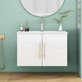 30-Inch White Gloss Wall-Mounted Bathroom Vanity with Sink Combo,Double Doors, Soft-Close Hangers,Long Gold Metal Handle,Easy Installation,Ceramic Basin,Glossy White