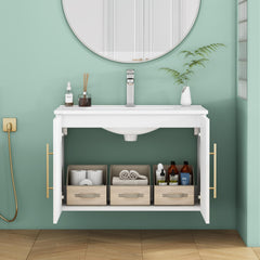 30-Inch White Gloss Wall-Mounted Bathroom Vanity with Sink Combo,Double Doors, Soft-Close Hangers,Long Gold Metal Handle,Easy Installation,Ceramic Basin,Glossy White