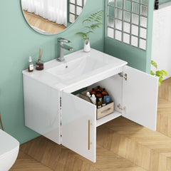 30-Inch White Gloss Wall-Mounted Bathroom Vanity with Sink Combo,Double Doors, Soft-Close Hangers,Long Gold Metal Handle,Easy Installation,Ceramic Basin,Glossy White