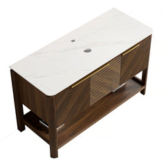 INDIGO 48'' Freestanding Cabinet with 3 Doors&Open Shelf, Carrara White Sintered Stone Top, NO Basin, NO Faucet and Drain, Dark Walnut Woodgrain