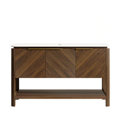 INDIGO 48'' Freestanding Cabinet with 3 Doors&Open Shelf, Carrara White Sintered Stone Top, NO Basin, NO Faucet and Drain, Dark Walnut Woodgrain