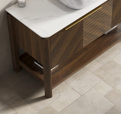 INDIGO 48'' Freestanding Cabinet with 3 Doors&Open Shelf, Carrara White Sintered Stone Top, NO Basin, NO Faucet and Drain, Dark Walnut Woodgrain