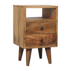Solid Wood Mini Oak-ish Classic Nightstand, 2-Drawers, 1 Open Slot, Nordic Legs, Light Brown