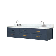 Blue Double Bath Vanity 84 in. W x 22 in. D, Carrara Marble Top, and Faucet Set