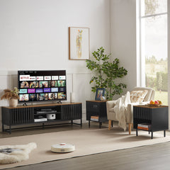 63 Inch Mid Century Modern TV Stand with Slatted Grille Striped Doors, TV Stand with Storage, Entertainment Center for Living Room Bedroom, TV Media Console