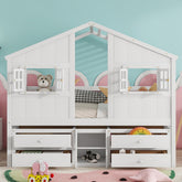 Full Size House Loft Bed with Roof, Windows,4 Storage Drawers,Pine Wooden Bed with Safety Guardrails,Ladder,White