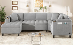 Modern U-shaped Sectional Sofa 115.7" Corner Sectional Living Room Couch Oversized Sectional with with Built-in Cup Holders, Storage Space and USB Ports for Living Room, Light Grey