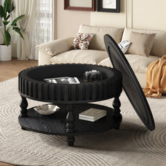 Modern Fluted Coffee Table with Storage, Black Finish Center Table with Flip-Top Lid, Sturdy Solid Wood Legs for Mid Century Living Room
