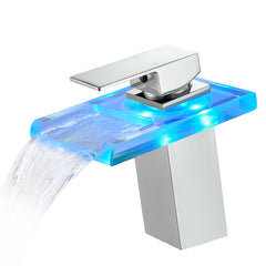 Bathroom Sink Faucet LED Light 3 Colors Changing Waterfall Glass Spout Hot Cold Water Mixer Single Handle One Hole Deck Mounted Bathroom Faucet Black Lavatory Vanity Basin Bath Plumbing Fixtures