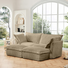 Slipcovered Sofa 2 Seater Sofa With 2 Ottomans, 2 Seater Sleeper Sofa Bed Home Theater Oversized Sofa For Living Room, Corduroy,Camel
