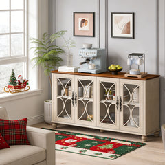 Elegant European Antique Style 4-Door Cabinet with Tempered Glass Doors,for Dining Room,Living Room,Hallway,Easy Assembly,Beige