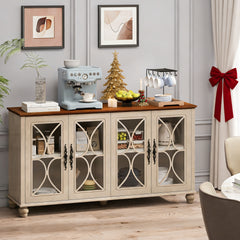 Elegant European Antique Style 4-Door Cabinet with Tempered Glass Doors,for Dining Room,Living Room,Hallway,Easy Assembly,Beige