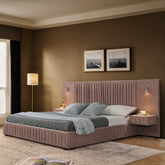 Queen Size Upholstered Bed Frame with Chenille fabric with pleated design,Grounded Queen Size Platform Bed with Headboard and Solid Frame and the bedside table.No Box Spring Needed-Pink
