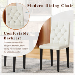 Black Wood Grain Dining Table Set for 4 people, 63" Modern MDF Dining Room Table Set .Paired with 4 White PU chairs with decorative buckle design on the backrest.For Apartment,Dining Room,Kitchen,etc.