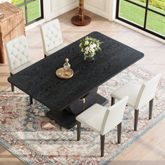 Black Wood Grain Dining Table Set for 4 people, 63" Modern MDF Dining Room Table Set .Paired with 4 White PU chairs with decorative buckle design on the backrest.For Apartment,Dining Room,Kitchen,etc.