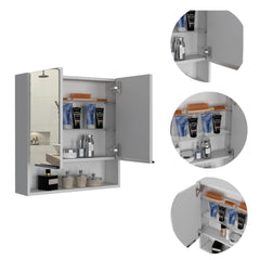Jaspe Mirror Cabinet, Three Internal Shelves, One Open Shelf, Double Door Cabinet -White