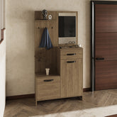 Parker 75" Tall Mirrored Tree Hall with Hangers, Three Shelves, Two Cabinets, One Drawer, Entry way, Console Table, Living Room Light Oak