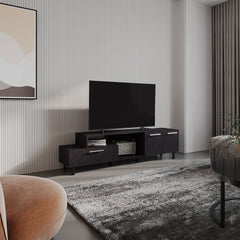 Athol 69" Wide Two-Tier Tv Stand Black with one pull-down door cabinet, one double-door cabinet and two Shelves, Cable Management, Living room Black Wengue