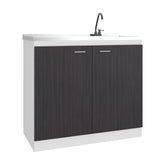 Napoles Utility Sink with Faucet Inclued and Integrated Stainless Steel Counter top, Freestanding cabinet with two doors, Metal Handles and Two interior shelves, Black & White Print