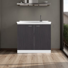 Napoles Utility Sink with Faucet Inclued and Integrated Stainless Steel Counter top, Freestanding cabinet with two doors, Metal Handles and Two interior shelves, Black & White Print
