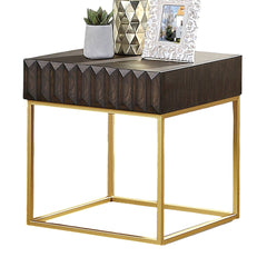 Contemporary Style End Table Metal Structure Conceal Drawers Gold Steel legs Walnut And Gold Finish Ball Bearing Glides Texture Panel Coffee Table-Not Included