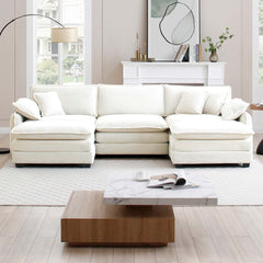 Oversized modular cushioned sofa with conversible ottoman, 3-seater sofa with 2 footstools, U shape sofa in Beige corduroy fabric