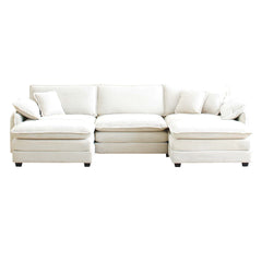 Oversized modular cushioned sofa with conversible ottoman, 3-seater sofa with 2 footstools, U shape sofa in Beige corduroy fabric