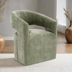 Contemporary Style 1pc Arm Chair With Caster Barrel Back Design Neutral Textured Fabric Green Finish Primary Living Room