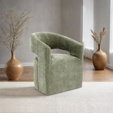 Contemporary Style 1pc Arm Chair With Caster Barrel Back Design Neutral Textured Fabric Green Finish Primary Living Room