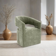 Contemporary Style 1pc Arm Chair With Caster Barrel Back Design Neutral Textured Fabric Green Finish Primary Living Room